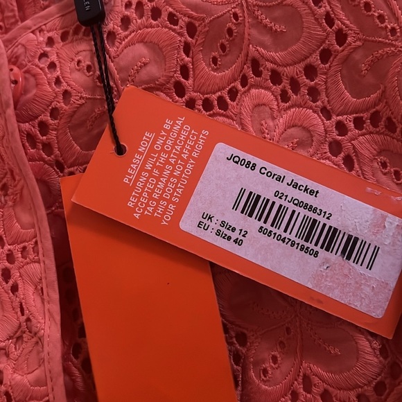 Karen Millen Coral Cotton Embroidered Eyelet Jacket NWT size 8 - Picture 3 of 10